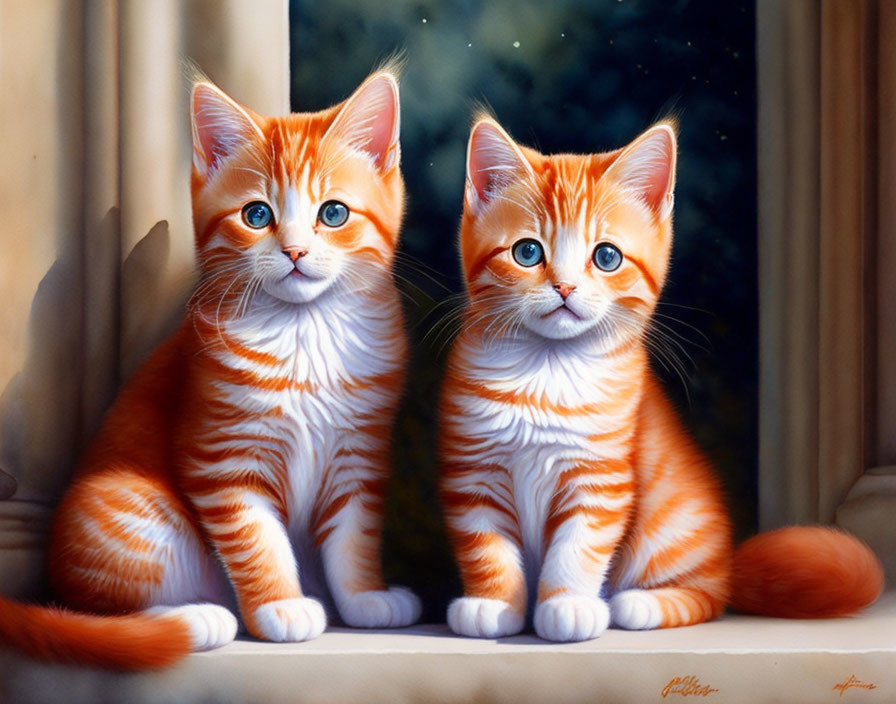 Orange and White Kittens with Blue Eyes on Windowsill