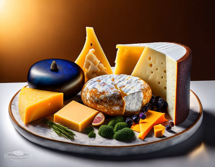 Assorted gourmet cheeses with grapes and herbs on wooden board