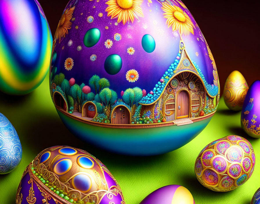 Colorful Easter eggs with intricate patterns on multi-colored background