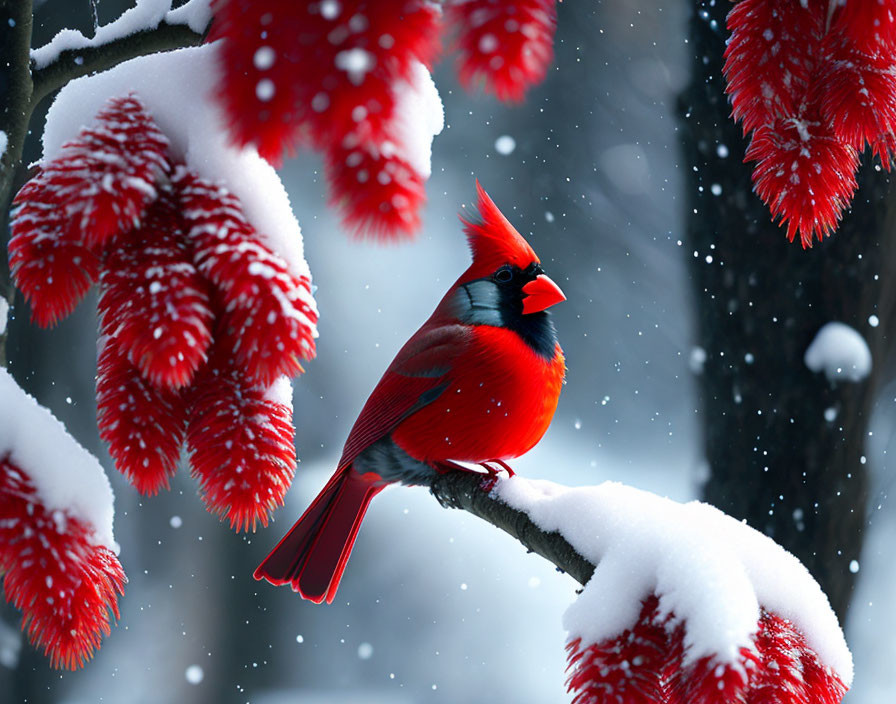 Vibrant red cardinal on snowy branch with red pine needles and snowfall