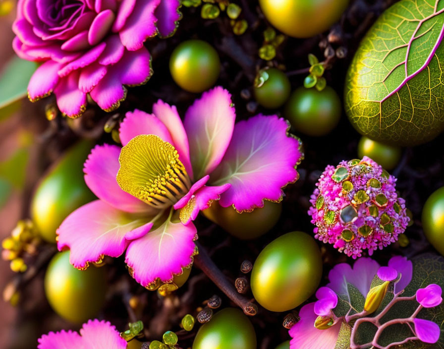 Colorful floral arrangement with pink flowers, detailed leaves, and green spheres on dark foliage