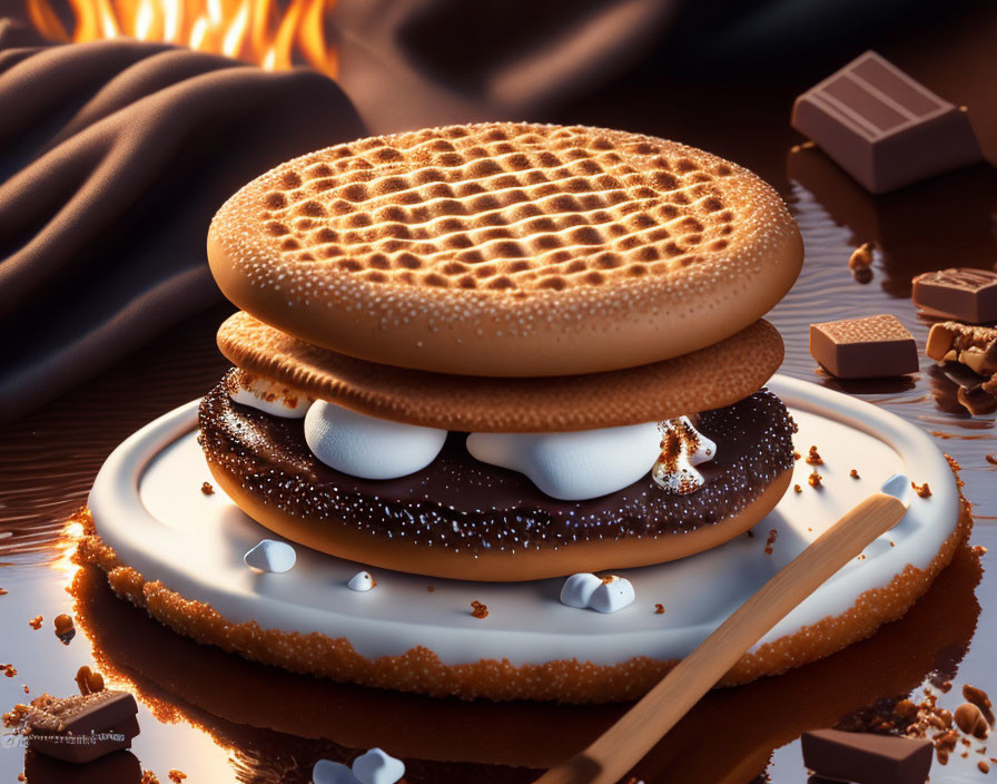 Stylized digital artwork featuring s'mores sandwich with chocolate bar, fire, and marshmallows