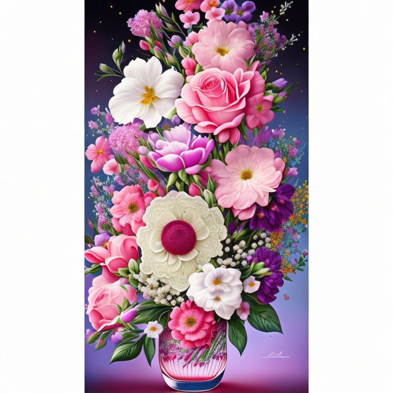 Colorful Flower Bouquet in Striped Vase on Purple Gradient Background