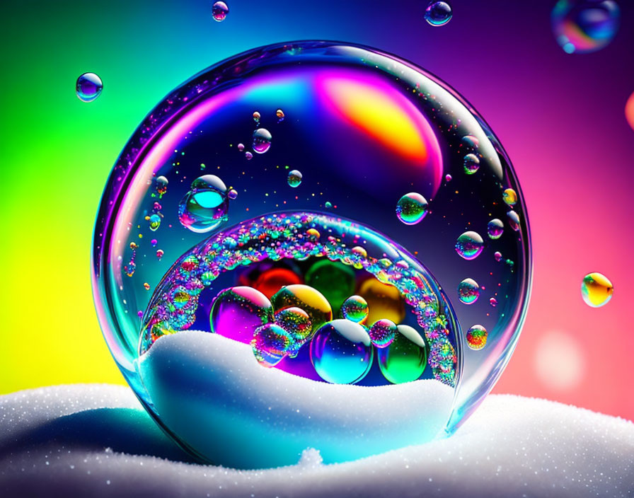 Colorful Water Droplets on Bubble: Vibrant Macro Spectrum