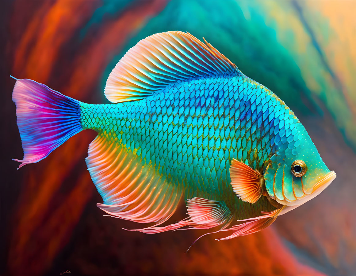 Vibrant Tropical Fish with Iridescent Scales on Abstract Background