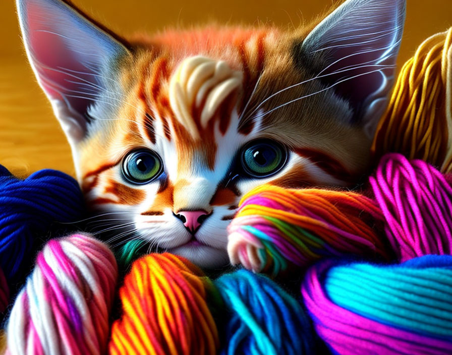 Colorful Digital Artwork: Cat with Large Eyes and Yarn Skeins