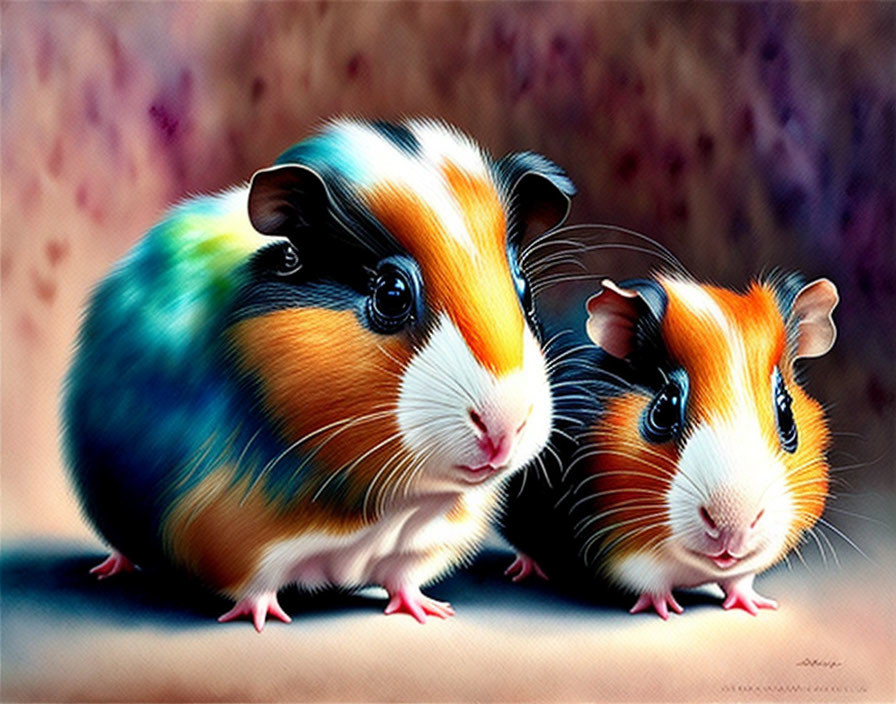 Colorful Guinea Pigs with Vibrant Fur Patterns on Soft Surface