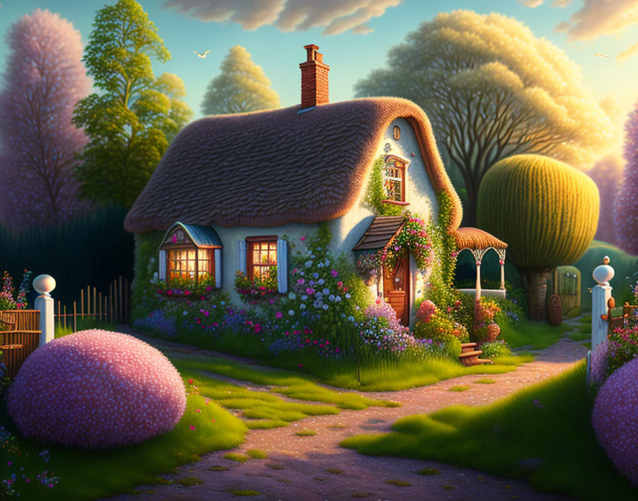 Thatched Roof Cottage in Lush Garden at Twilight