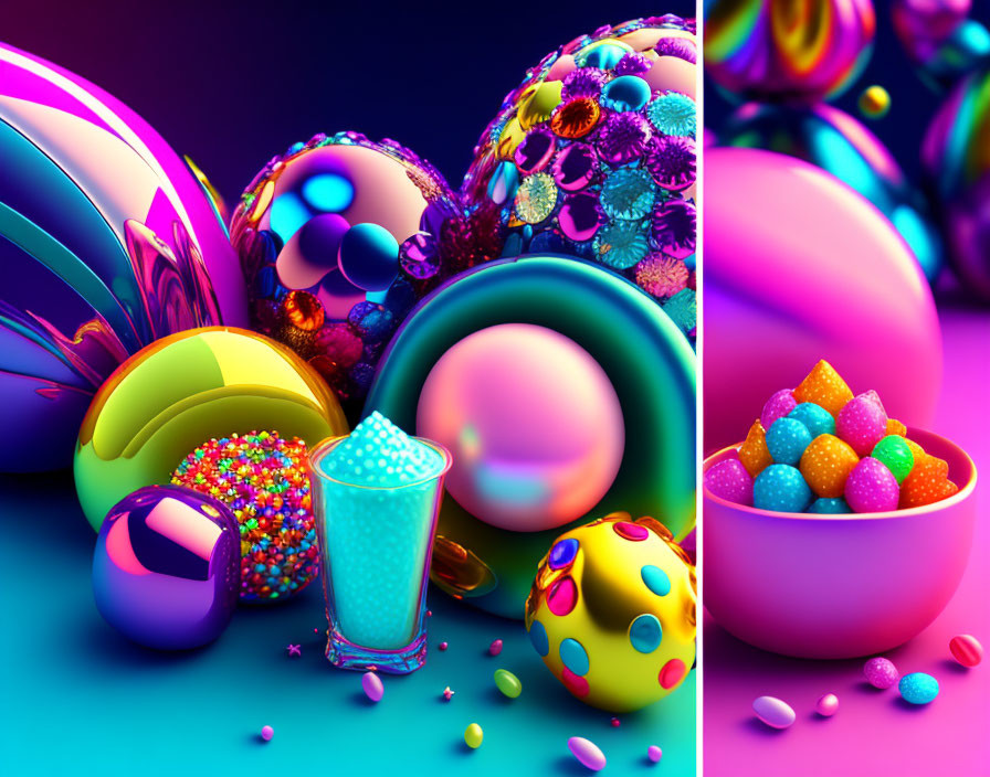 Colorful Easter Eggs, Blue Cup, and Candies on Reflective Surface