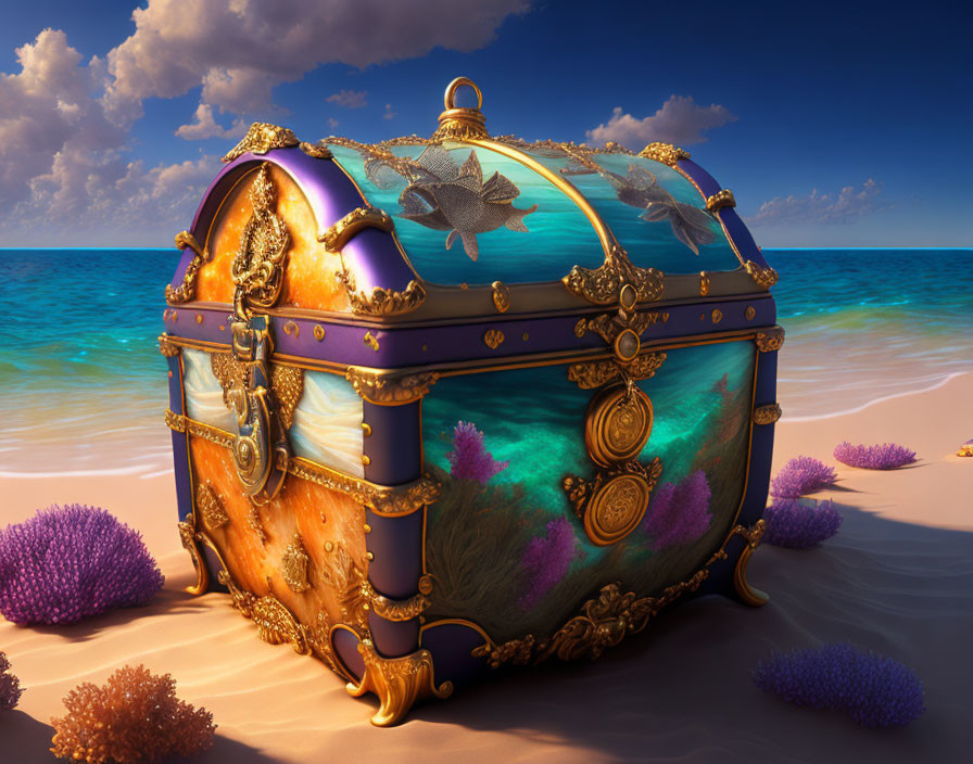 Ornate treasure chest with marine motifs on sandy beach