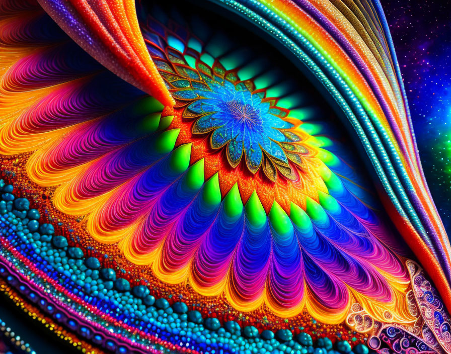 Colorful Digital Fractal Artwork with Flower Center and Psychedelic Patterns