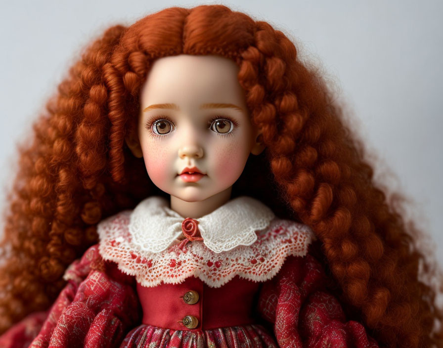 Porcelain doll with red hair, brown eyes, red dress, lace collar