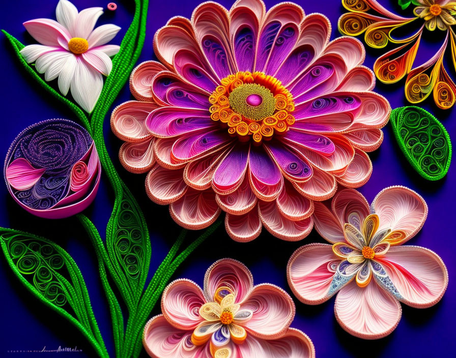 Colorful Quilling Art with Flowers and Leaves on Blue Background