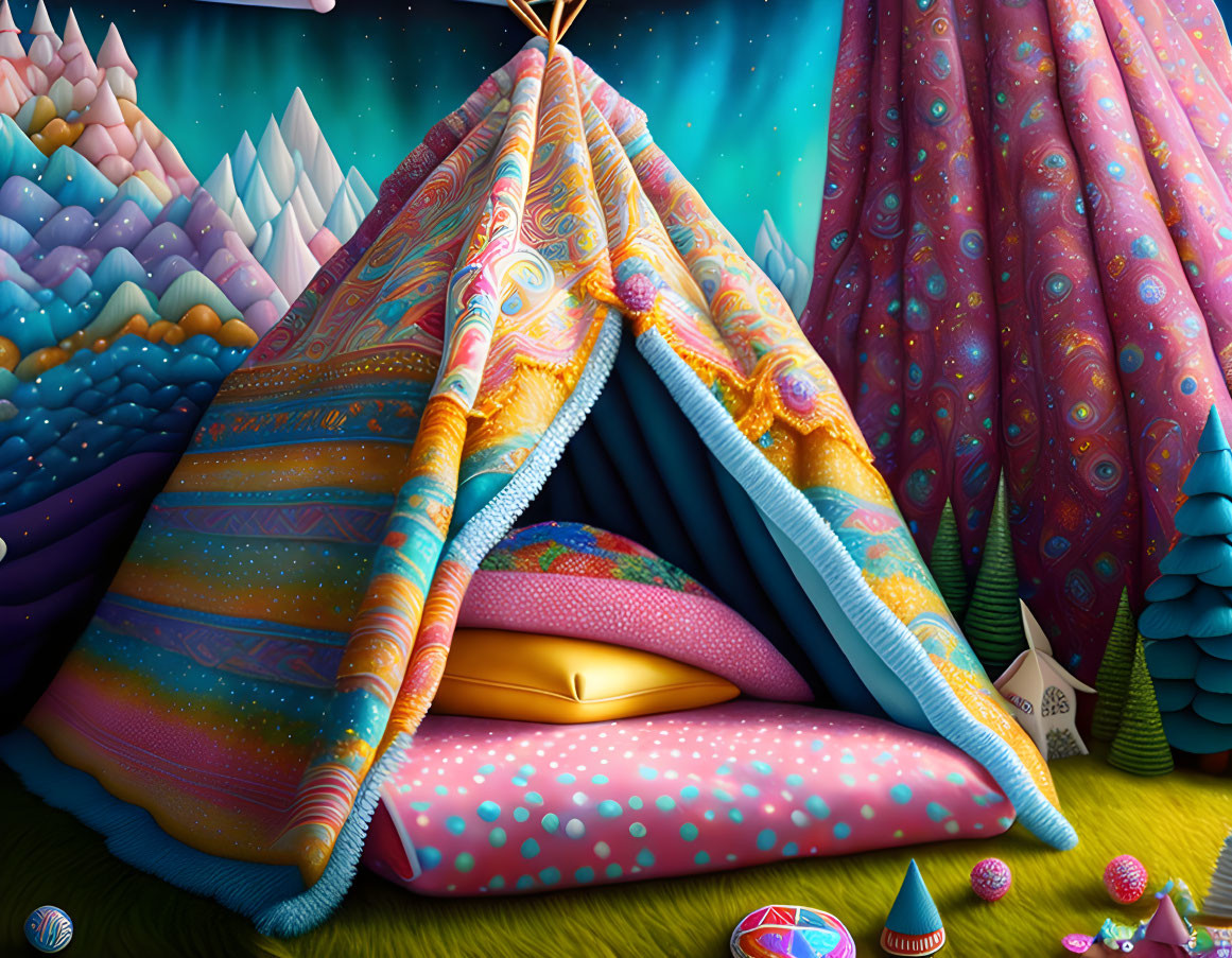 Colorful Teepee in Fantasy Landscape with Whimsical Design