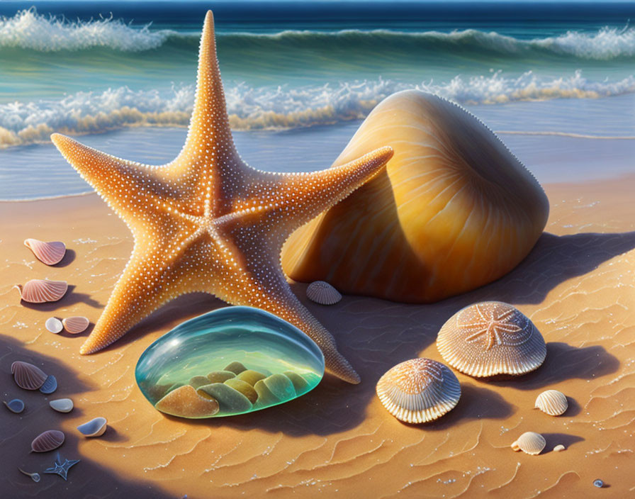 Digital artwork of starfish, conch shell, and small shells on sandy beach with waves