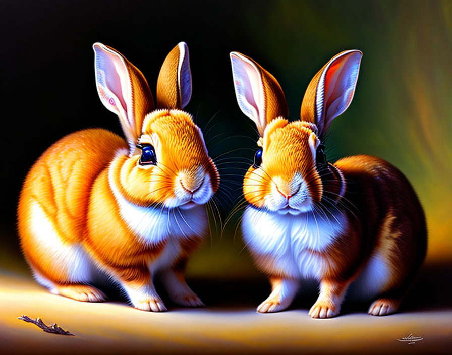 Vibrant orange and white rabbits with shiny eyes on dark background