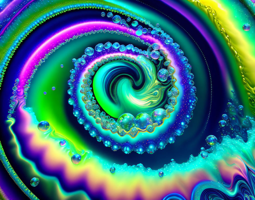 Colorful neon green, blue, and purple fractal art with hypnotic swirls and bubble-like