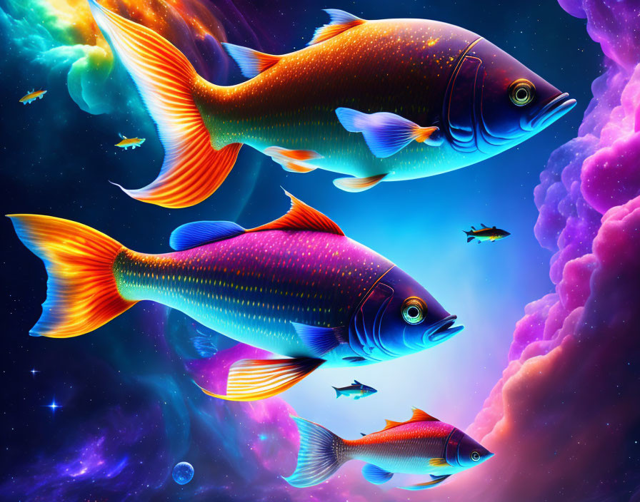 Vibrant Cosmic Setting with Colorful Stylized Fish