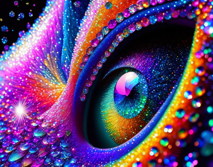 Colorful eye art with rainbow palette and glittery details