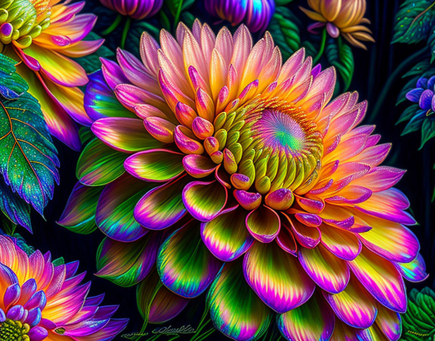 Colorful Digital Artwork: Vibrant Flower with Iridescent Pink and Yellow Petals