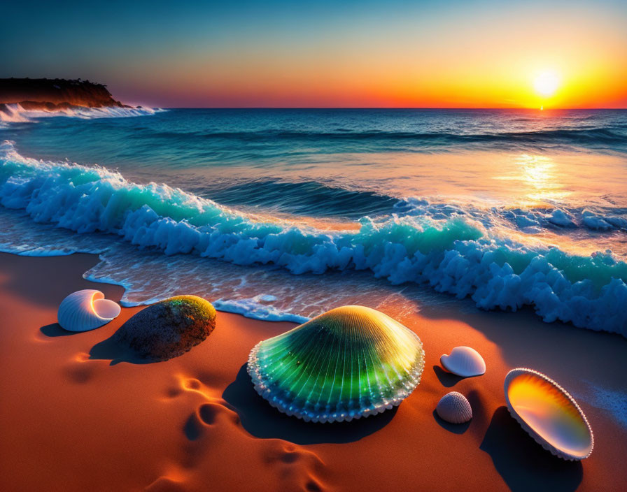 Tranquil beach sunset with colorful shells and waves