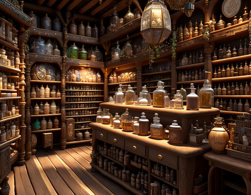 Vintage Apothecary with Wooden Shelves and Lantern Lighting