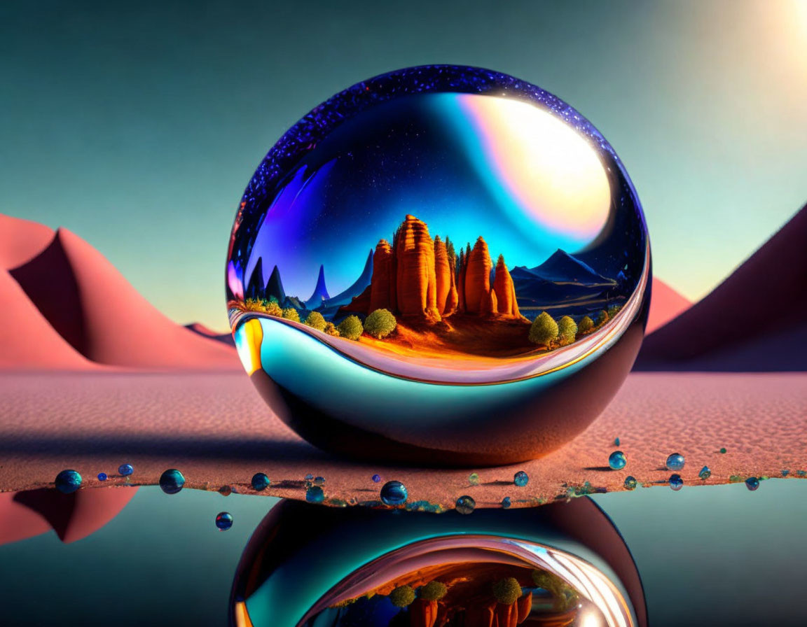 Scenic desert landscape with starry sky reflected in crystal ball