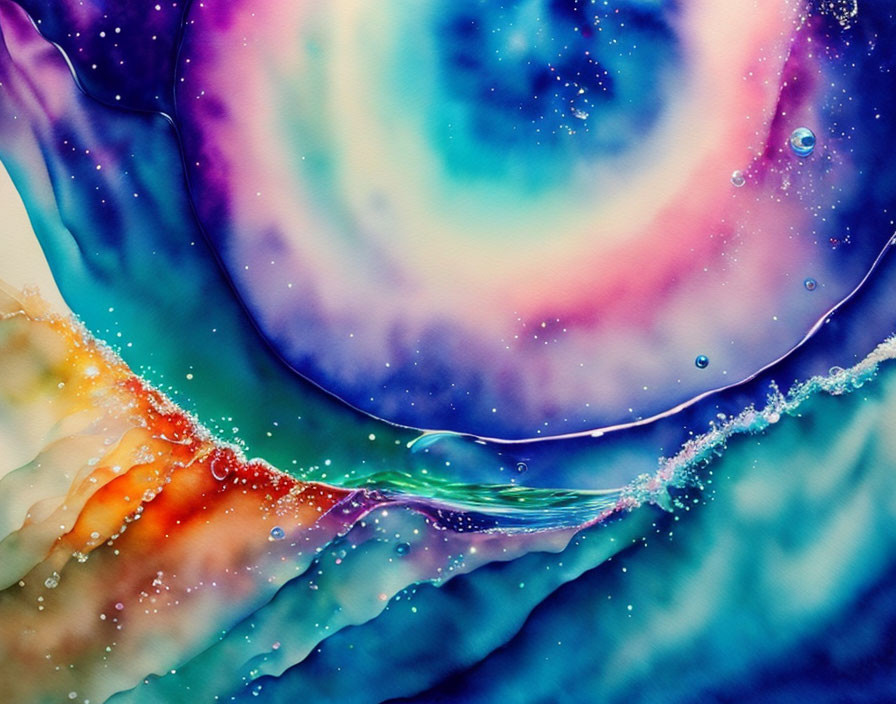 Colorful Watercolor Painting of Cosmic Galaxy with Stars and Bubble Pattern