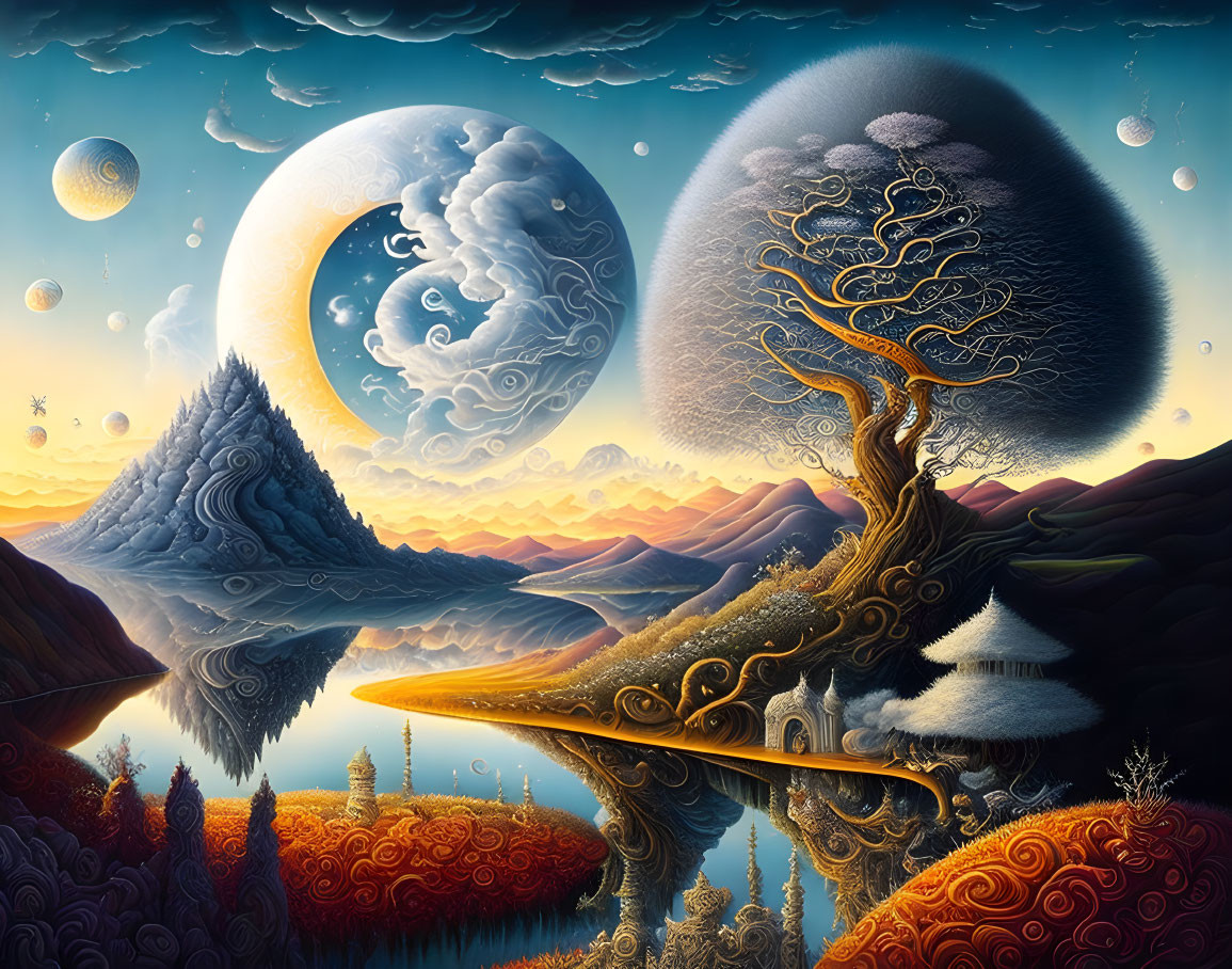 Surreal landscape with cloud-bearing tree, moons, patterns, water, hills, twilight sky