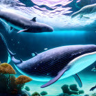 Majestic whales swimming in underwater scene with coral reefs