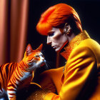 Vibrant orange hair person with matching outfit beside striped cat and dark curtains