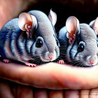 Realistic illustrated mice with gray and white fur on human hand