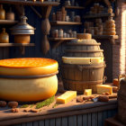 Cheese shop with assorted cheeses, wooden barrel, nuts, and warm lighting