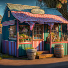 Colorful outdoor fruit stall with striped awning and wooden barrels under warm sunset