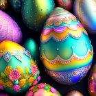 Colorful Easter eggs with golden patterns on dark background