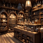 Vintage Apothecary with Wooden Shelves and Lantern Lighting