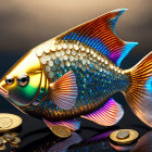 Golden Fish Sculpture with Iridescent Scales and Coins on Reflective Surface