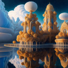 Fantastical cityscape with balloon-like structures in the clouds