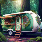 Intricately designed fantasy-themed caravan in lush forest