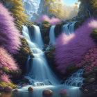 Tranquil fantasy landscape with pink cherry blossoms and waterfalls