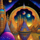 Golden fantasy cityscape under starry sky with planets and moon silhouette