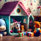 Child's Playroom with Teddy Bear and Plush Unicorn Toys