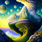 Fantastical landscape with swirling skies and glowing moon