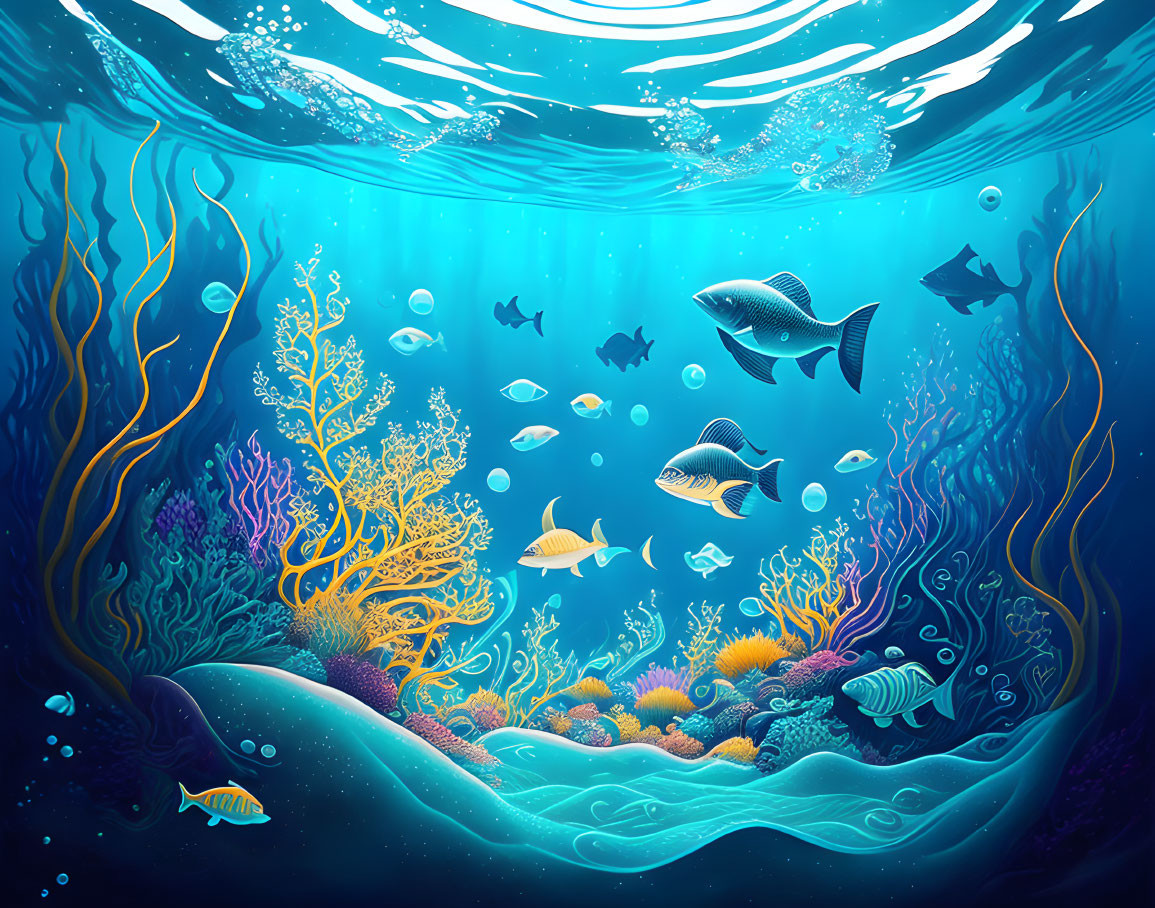 Vibrant underwater scene with colorful coral, fish, and seaweed under sunlight.