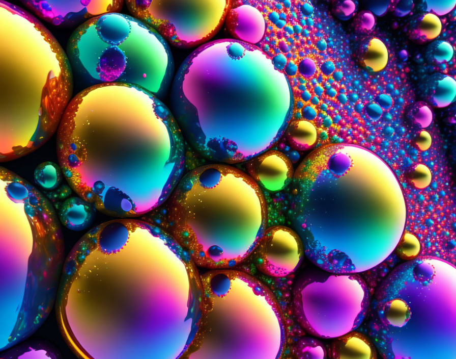 Colorful Bubble Art: Multicolored bubbles with intricate reflections and beaded droplets.