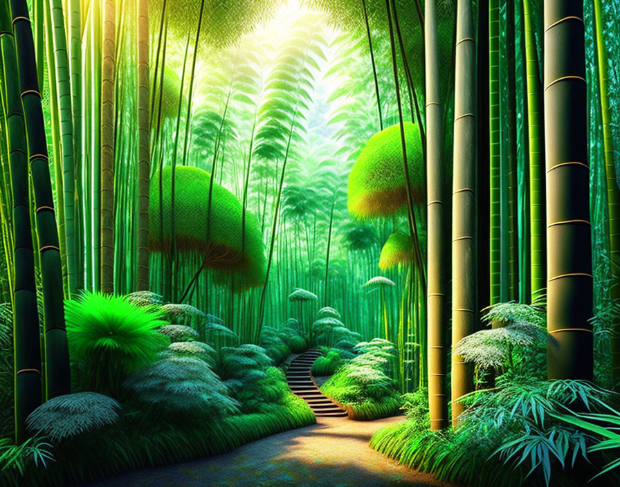 Serene bamboo forest path with sunlight and greenery