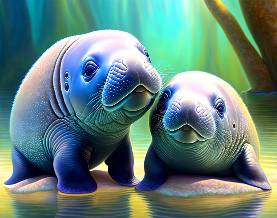 Two expressive animated manatee calves in vibrant underwater scene