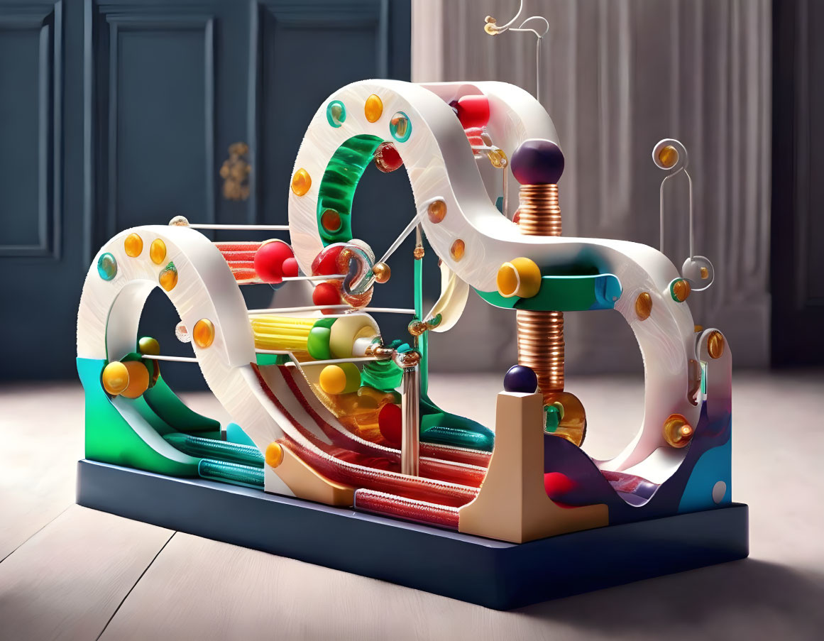 Vibrant marble run toy set on wooden floor