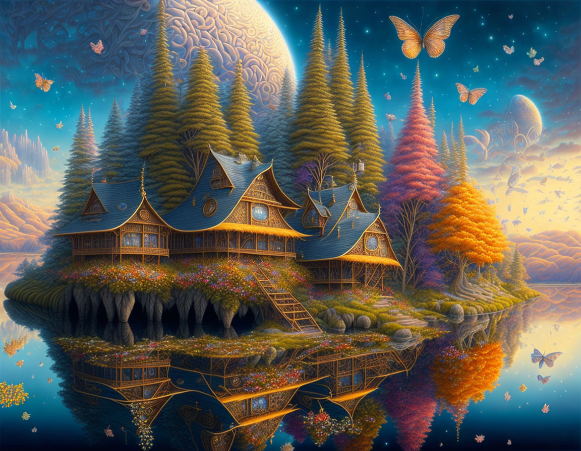 Whimsical fantasy landscape with autumn trees, houses, butterflies, and magical moon