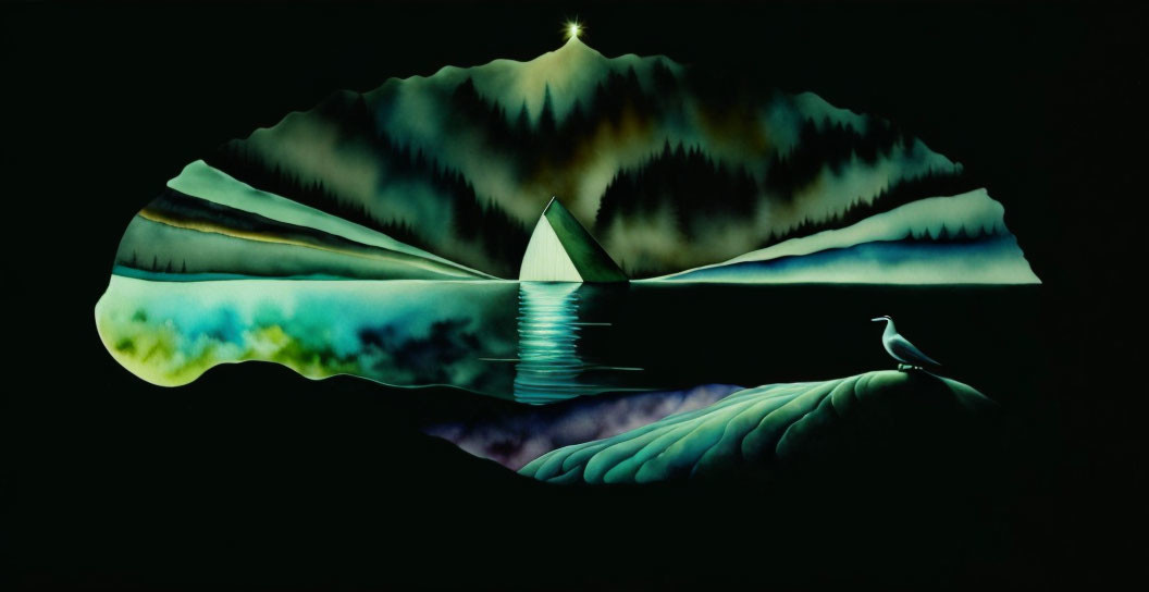 Surreal painting of leaf-shaped island with mountain range, water reflection, paper boat, and bird